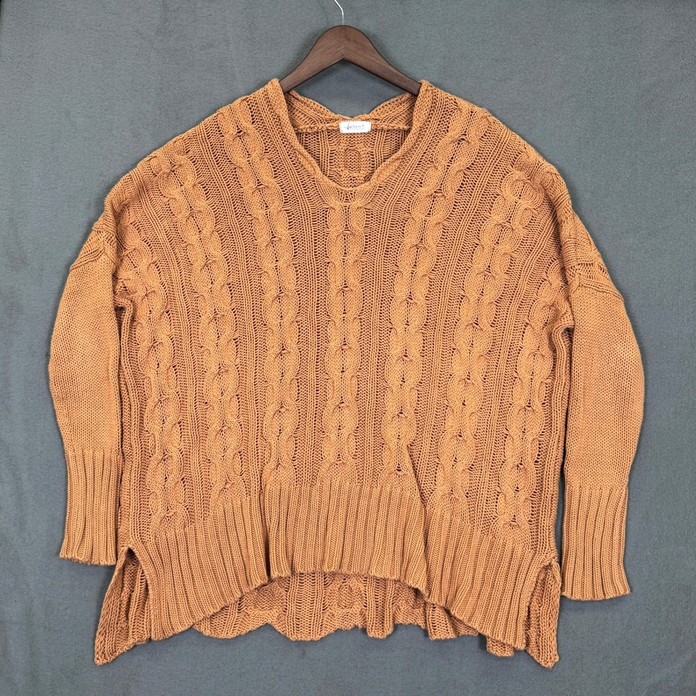 Faveur Sweater Women L Orange Cable Knit V-Neck Oversized Boho Pullover Fall Top